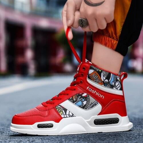 High-top Black Sports Skateboard Shoes Lovers Fashion Print Casual Sneakers Men Comfortable Flat Microfiber Sports Shoes for Men