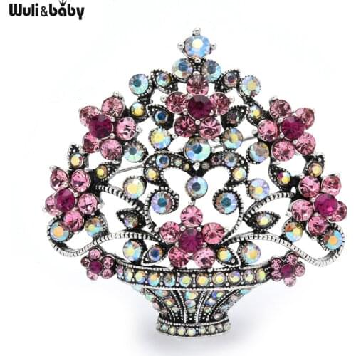 Wuli&baby Pink Flower Basket Brooch Pins Vintage Crystal Fashion Women Brooches Gift 2021 Jewelry Accessory