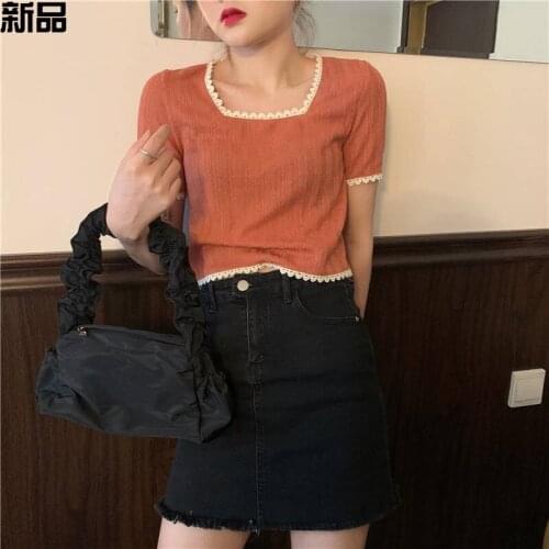 Womens Bm T-shirts Tops Y2k Aesthetic Casual Kpop Vintage Kawaii Ladies Ulzzang Lace Square Neck Short Knitted Top For Ladies