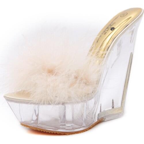 Lady Sexy Sweat Dress Party Shoes Women Summer High Heels Sandals Transparent Crystal Platform Wedges Fur Shoes 14 CM Jelly