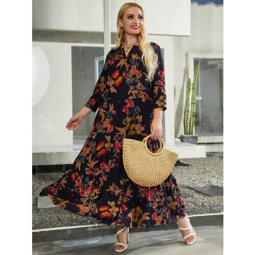 2021 Spring Autumn Woman Dress Cotton V Neck Floral Print Retro Loose Oversized Maxi Long Dress 4XL 5XL Plus Size Women Clothing