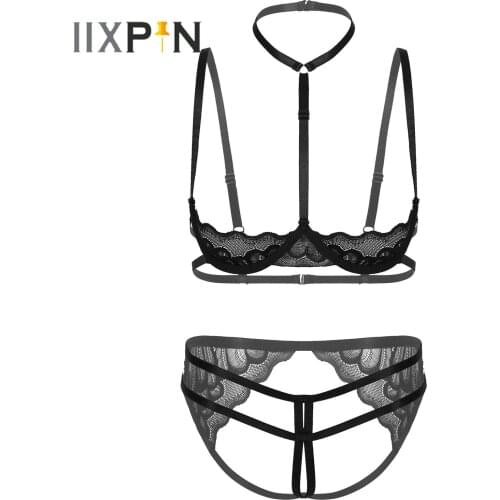 Womens Lingerie Lace Bra Underwear Set Halter Neck Underwired Hot Bra Tops with G-string Open Crotch Briefs for Lingerie Night