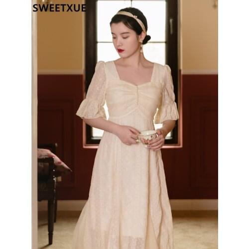 SWEETXUE 2021 Women Summer Sweet Printed Flared Sleeves Temperament Square Collar Romance Beaded Chic Party Fairy Dress Vestidos