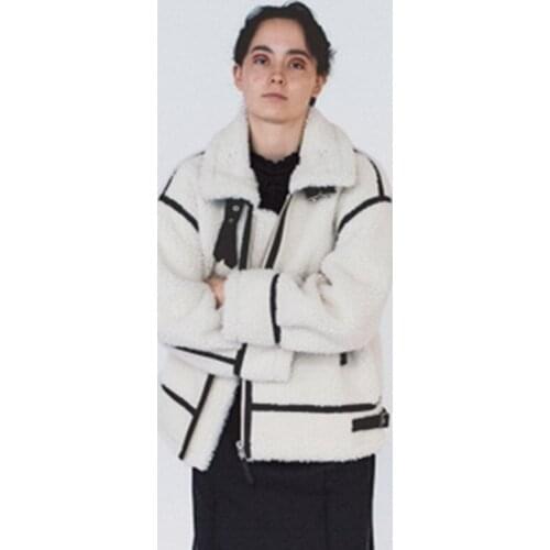 Women winter faux fur Female overcoat Lapel patchwork pockets warm zipper coats Ladies short white jacket coat 2021