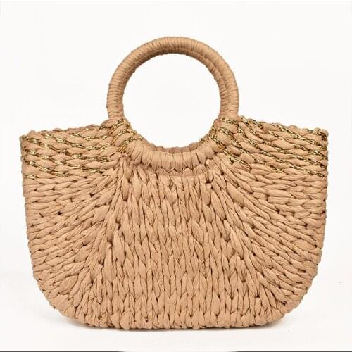 2020 New Seaside holiday straw bag gold thread mixed bead handle round bucket bag woman beach bag