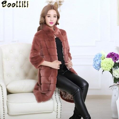 Boollili Faux Fur Coat 2020 Womens Winter Jackets Imitation Rex Rabbit Fur Coats Female Fashionable Black Fur Coats Maxi