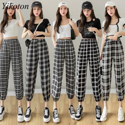 Casual Summer Womens Pants New Harajuku Buttons Korean Fashion Elastic Waist Plaid Pants Harem Pants Joggers Women Sweatpants