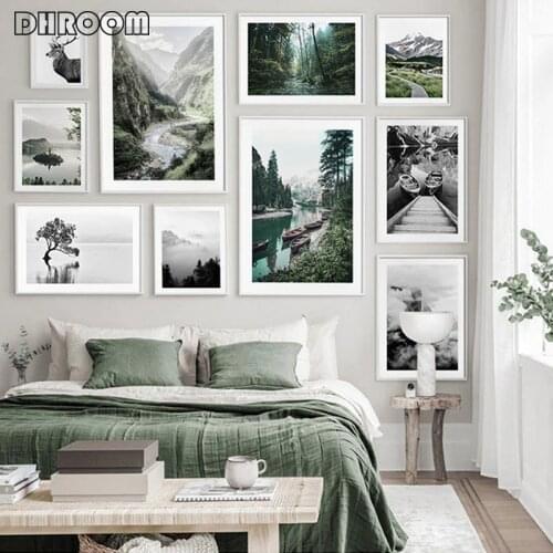 Black White Nature Landscape Poster Nordic Boat Lake Mountain Scandinavian Print Canvas Wall Art Painting Picture Home Decor