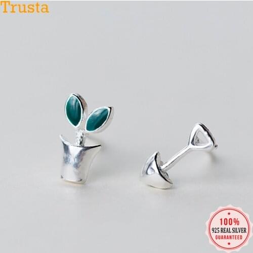 Trusta 100% 925 Real Sterling Silver Jewelry Small Green Plant Flower Pot & Shovel Stud Earrings Gift For Kids Girls DS1312