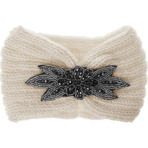 Women Sequin Knitted Hairband Flower Rhinestone Beaded Ear Warmer Wide Head Wrap