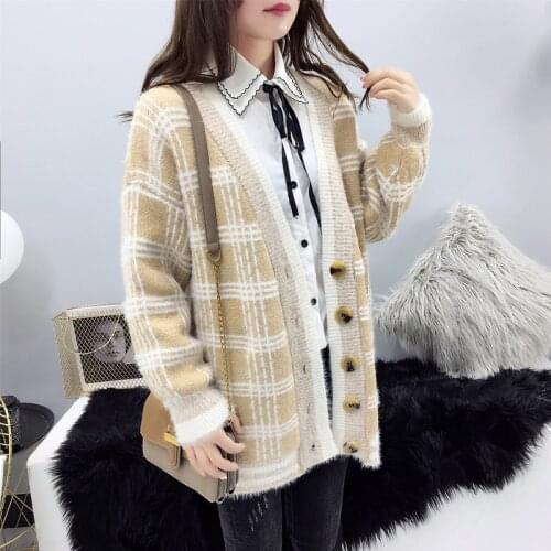 Mohair Plaid Cardigan Sweater Women Autumn Winter Korean Loose Knit Sweater Coats Womens Jumper