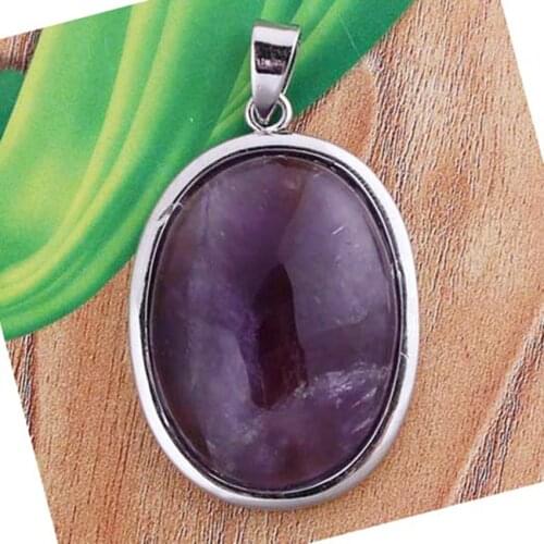 KFT Popular Silver Plated Oval Shape Natural Amethysts Purple Crystal Quartz Stone Pendant For New Year Jewelry