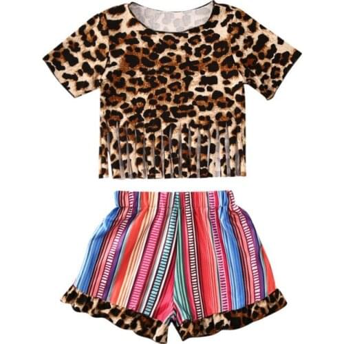 2020 Summer Toddler Kids Girls Clothes Sets Leopard Print Short Sleeve T Shirts Tops Striped Tassel Shorts