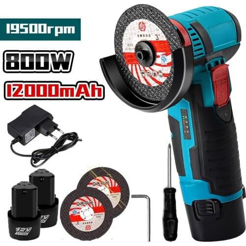 800W Mini 12V Angle Grinder 19500RPM Brushless Cordless Grinding Cutting Metal Wood Power Tool + 2PCS 12000mAh Lithium Battery