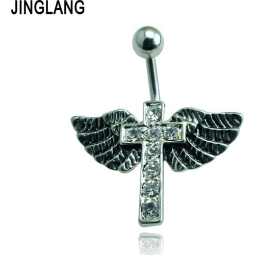 Wholesale Fashion Rhinestone Cross Wing Belly Button Rings Surgical Steel Navel Body Piercing Jewelry 12 pcs Free Shipping