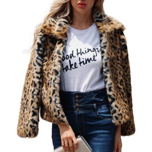 New Luxury Fashion Leopard Print Faux Fur Coat Winter Outerwear Long Sleeves Slim Warm Jacket Sexy Turn Down Collar Overcoat