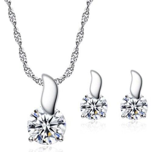 1 sets leaves shape setting cubic zirconia necklace earrings sets silver color copper material party Jewelry sets for women