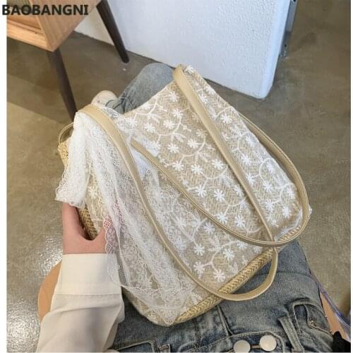 Shoulder Bag Summer Retro Embroidered Openwork Frosted Straw Handbag Vacation Seaside Beach Lace Bag Messenger Bags for Female
