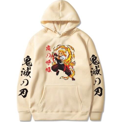 2021 Hot Sale Streetwear Japanese Anime Demon Slayer Kimetsu no Yaiba Hoodies Rengoku Kyoujurou Flame Hashira Print Sweatshirt