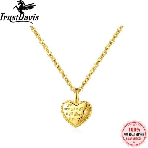 TrustDavis Real 925 Sterling Silver Lovely Heart Pendant Clavicle Chain Necklace Women 14K Gold Plated Party Jewelry Gift L115