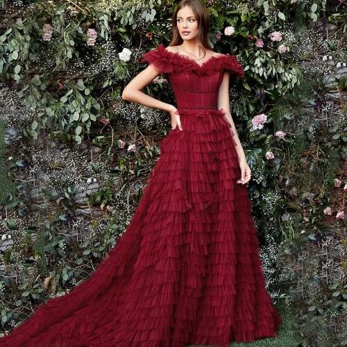 Gorgeous Burgundy Evening Dresses Long 2021 Tulle Off-The-Shoulder Elegant Prom Gown Princess Custom Party Dress robes de soirée