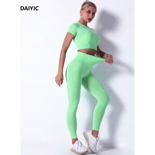 DAIYIC Women Seamless Yoga Set Short Sleeve Crop Top High Waist Sport Leggings Active Wear Gym Suit Workout Clothes For Women