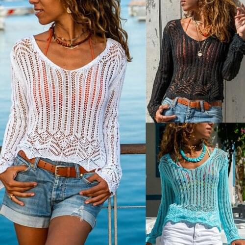 Womem Summer Knitted Hollow Out Slim Fit Sweater Tops Long Sleeve Casual Jumpers Pure Color Fashion All-Match 2020 New