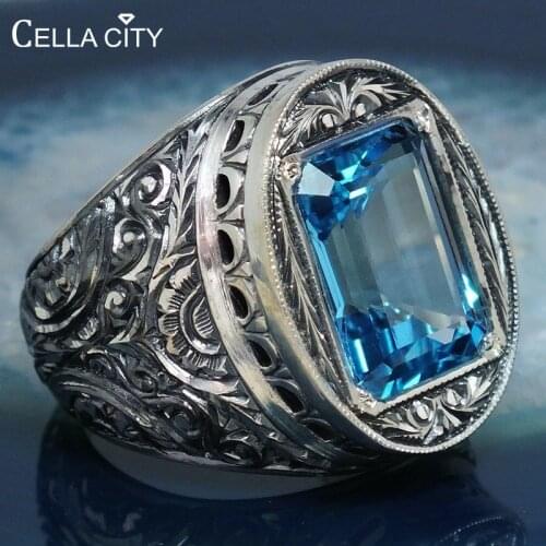 Cellacity Vintage Ring for Women Silver 925 Jewelry Geometry Gemstones 10*8mm Aquamarine Luxury Court Style Carved hollow Gift