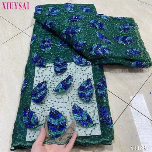 2020 Nigeria Latest Design Velvet Lace Fabric 5 Yards/pcs High Quality African Lace With Green Color Sequins For Party Dress