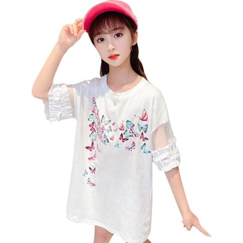 Teenage Childrens Long T-shirt Mesh Girl Top Floral Pattern T-shirt Kids Ruffles Girl Clothes 6 8 10 12 14
