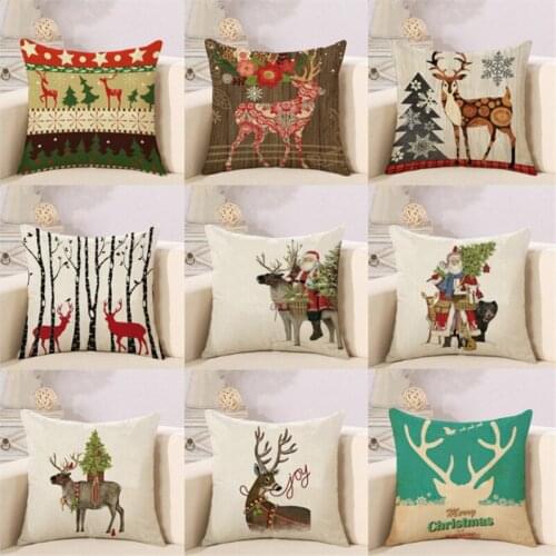 Hap-deer Christmas Decorations for Home Cartoon Elk Linen Decorative Pillows Cover Throw Pillow Covers Happy New Year 2019