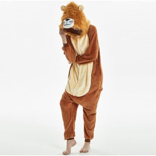 Men Women Kigurumi Lion Long Sleeve Hooded Onesie Flannel Lion Pajamas for adults Overall One-piece Animal Pajamas