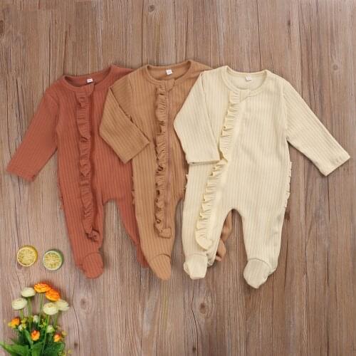 Long Sleeve Newborn One-piece Rompers Footed Pajamas Cute Cotton Solid Casual Jumpsuit Ruffle Toddler Infant Nightclothes