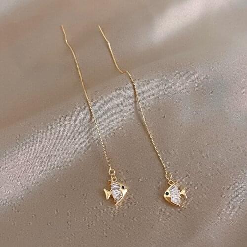 Korean Zircon Fish Pendant Line Earrings Fish Tassel Ear Line Earrings Cute Drop Earrings for Women Girls Party Wedding Jewelry