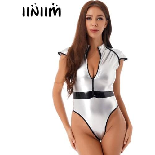 Womens Saucer Man Fancy Cosplay Costume Cap Sleeve High Cut Patent Leather Catsuit Halloween Mock Neck Zipper Front Bodysuit