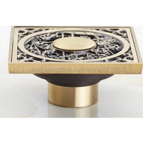 Shower Drains Square 10*10cm Bath Drains Strainer Antique Brass Art Carved Bathroom Floor Drain Waste Grate Drain Khr021