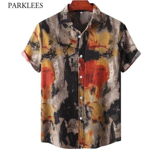 Summer Men Hawaiian Shirt Loose Tie Dye Printed Short Sleeve Lapel Neck Buttons Casual Beach Shirts for Men Streetwear Harujuku