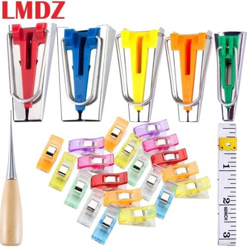 LMDZ 27PCS Bias Tape Maker with Plastic Clips Quilt Clip Measuring Ruler Wooden Awl for Patchwork Sewing Quilting DIY Accessorie