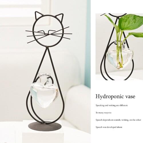 Cute And Dynamic Hydroponic Glass Heart Vase With Metal Holder Hand Welded High Temperature Baking Paint Lovely Cat Shape