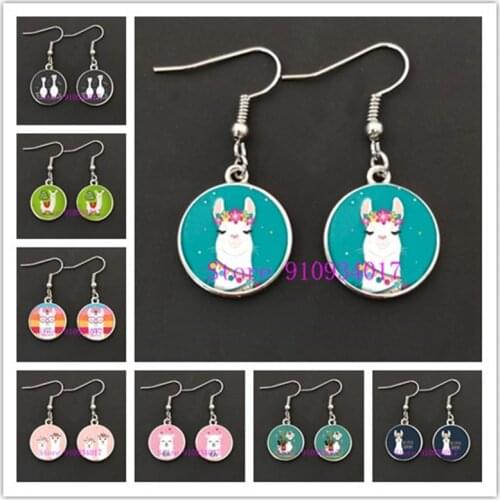 Fashionable cute colorful alpaca womens dangle earrings cute sheep glass cabochon handmade earrings girl jewelry