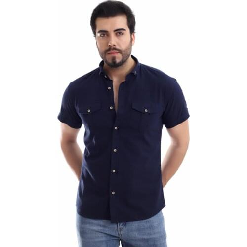 100 COTTON DOUBLE POCKET COVER DÜĞMELİ COLLAR SLYM FİT SHORT SLEEVE NAVY BLUE MALE SHIRT
