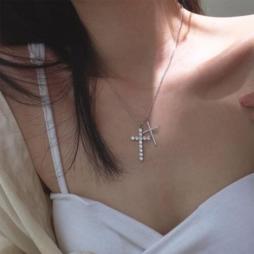 Trendy 925 Sterling Silver Cross Zircon Necklace For Women Long Chain Necklace Female Gift Summer Fashion Jewelry