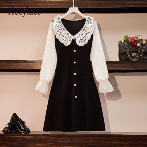 Plus size women vintage lace patchwork dress elegant office long sleeve v neck fashion autumn winter sweater dresses