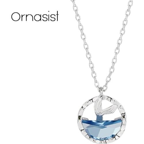 Simple Round Pendant Korean Blue Crystal Necklace Women Mermaid Tears Student Neck Chain Mermaid Foam Clavicle Chain Necklaces