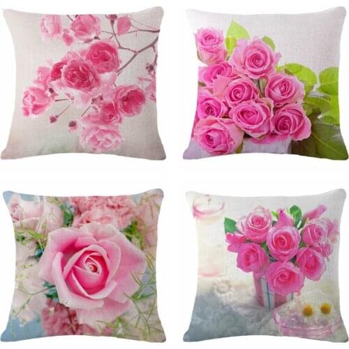 Pink Rose Flower Printed Cushions Linen Cotton Cushion Cover Throw Pillow Case For Living Room Bed Room