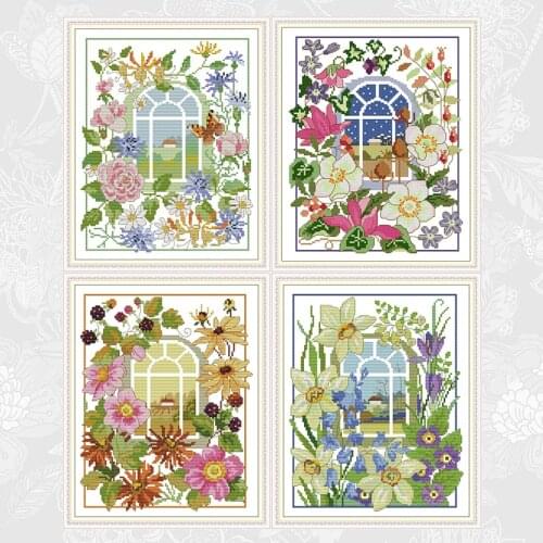 Needlework,DIY Cross stitch DMC Embroidery Sets, Printed Fabric The Four Seasons Scenery Window Patterns Cross-Stitching