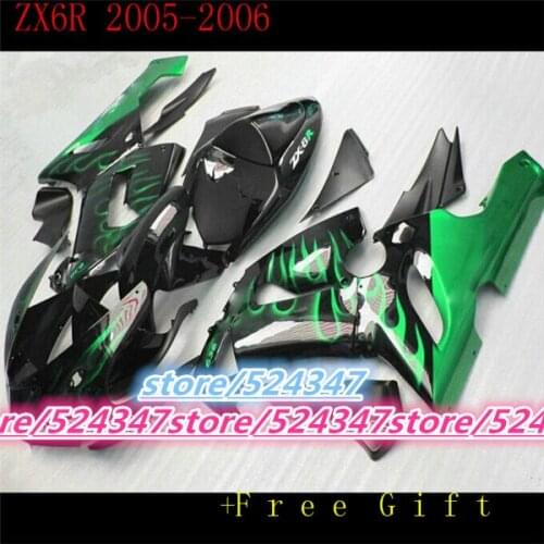 Market hot sales manufacturers ZX6R 05 06 ZX6R, 636, 2005, 2006 smooth ink black motorcycle fairing of light green flame-Fei