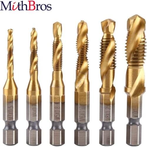 6PCS M3-M10 Screw Tap Drill Bits HSS Taps Woodworking Metric Combination Bit High Speed Steel Titanium 1/4" Quick Change Hex