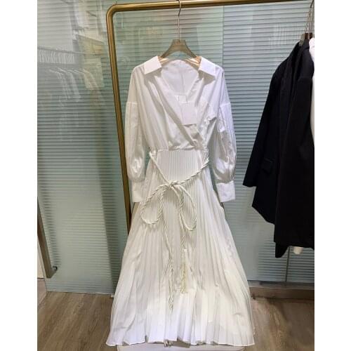 Vintage 2021FW Autumn New Women High Quality White Long Sleeve Pleated Dress For Female Gdnz 7.17