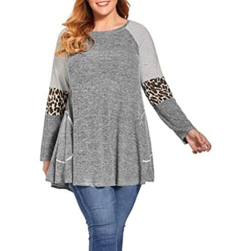 Women Long Sleeve Patchwork Tops, Casual Round Neck Leopard Striped Color Block Loose Tunics